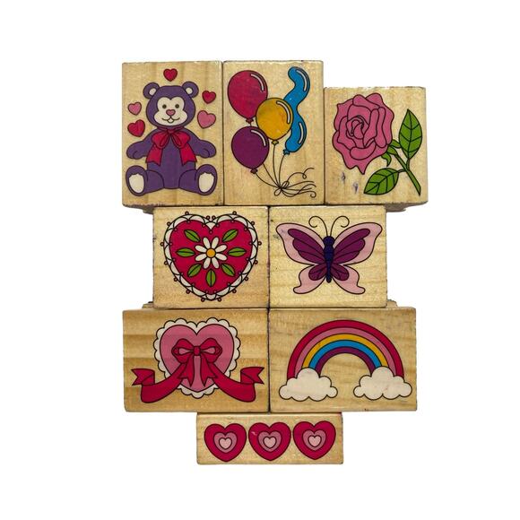 Assorted Hearts Balloon Rainbow Flower Butterfly Wood Mount Rubber Stamp Set - Picture 1 of 4